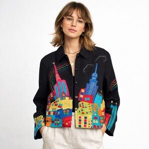 Vintage Embroidered Cityscape Art Jacket Colorful Appliqué Women’s M
